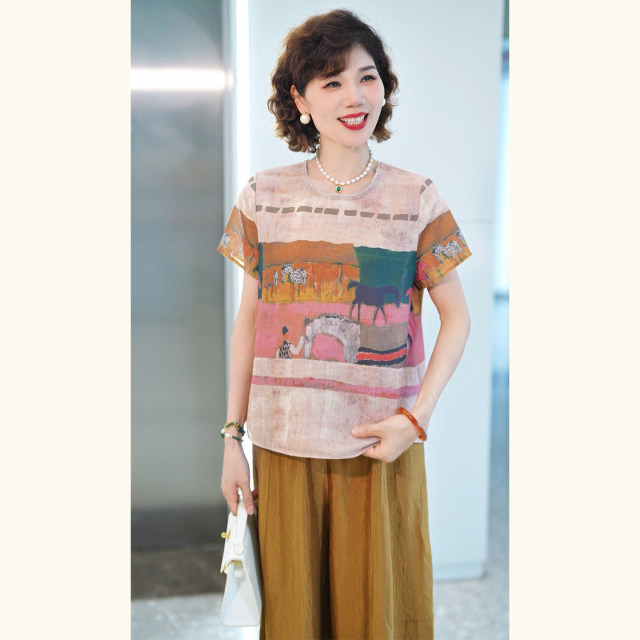 13769211.年轻妈妈夏装复古油画骏马短袖印花小衫2026新款洋气中老年女装