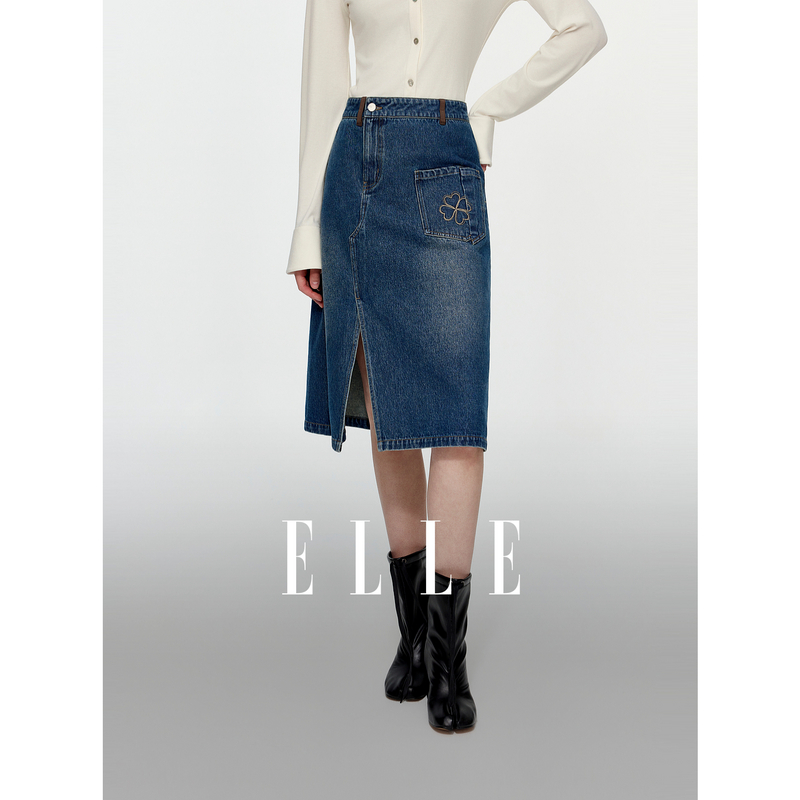 13773031.ELLE复古纯棉牛仔半身裙女摩登休闲风显瘦A字中裙