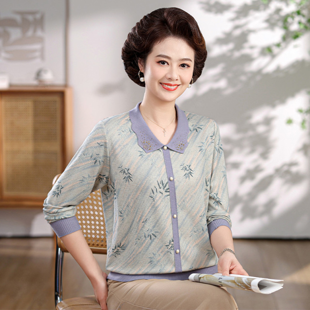 13773542.洋气妈妈春装翻领长袖T恤薄款上衣JJJ1113