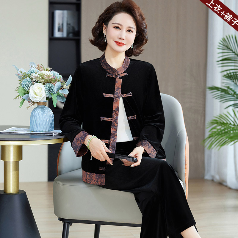 13773580.妈妈装春季新中式开衫+松紧腰休闲裤两件套装JBXL502