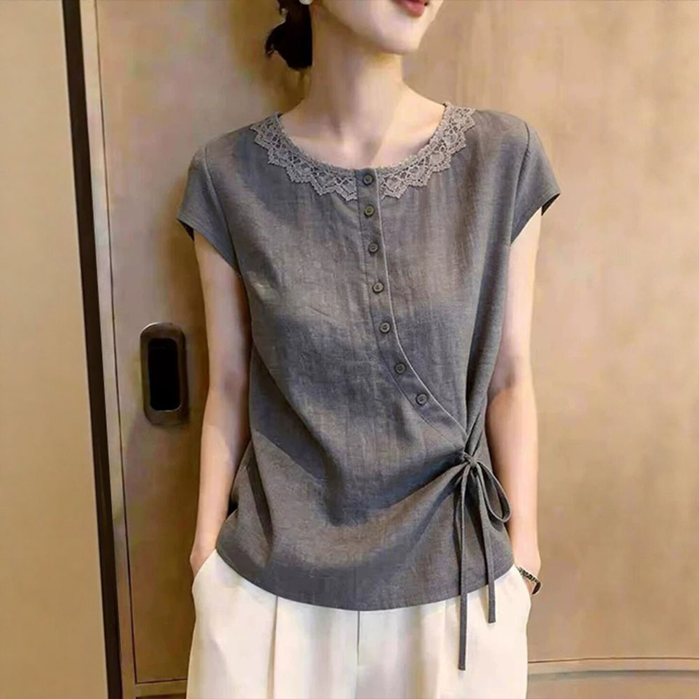 13773997.丹芙娅法式蕾丝花边系带衬衫女2026夏季大码胖MM显瘦气质小衫设计感上衣