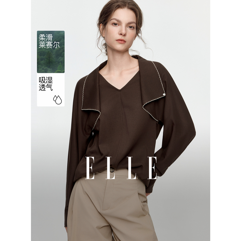 13773071.ELLE撞色假两件女式衬衫都市休闲风莱赛尔天丝衬衣