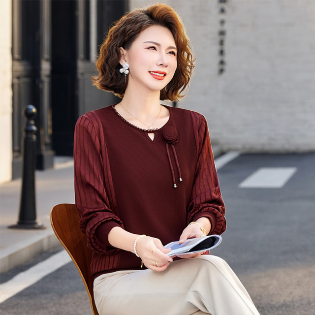 13773622.妈妈洋气小衫春装薄款长袖T恤圆领上衣JXMY2601