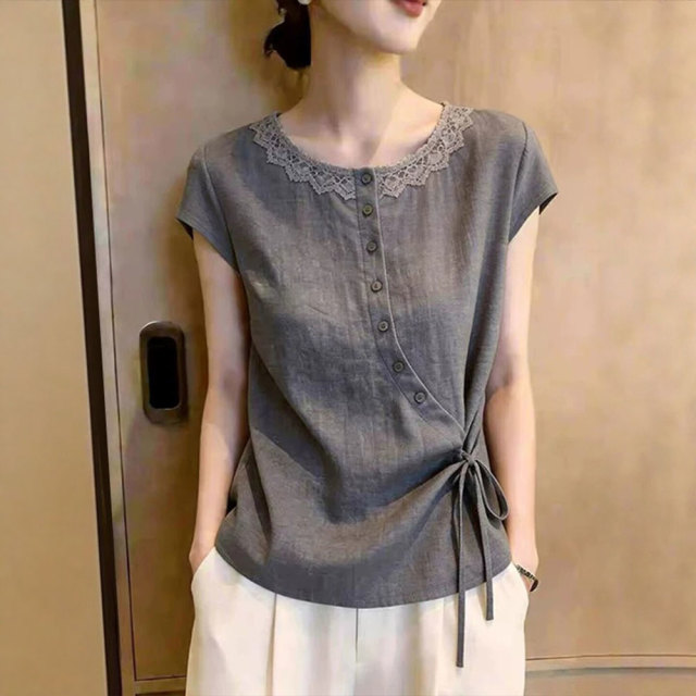 13773997.丹芙娅法式蕾丝花边系带衬衫女2026夏季大码胖MM显瘦气质小衫设计感上衣