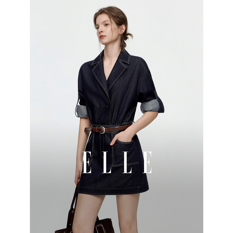 13773036.ELLE撞色西装领牛仔连衣裙复古工装风气质短裙