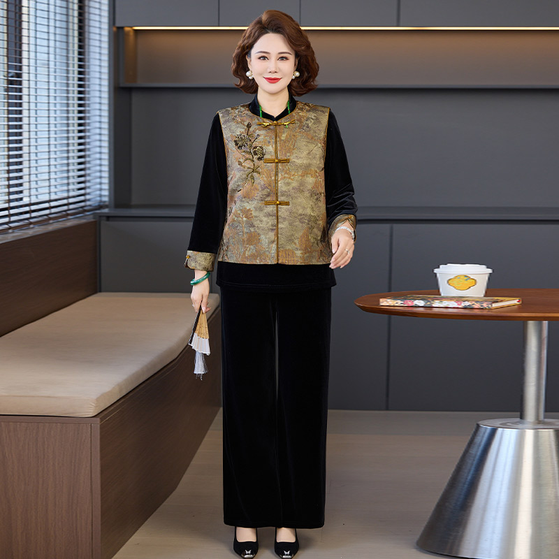 13773590.妈妈端庄大气金丝绒套装中式马甲上衣阔腿裤三件套JXMY2608