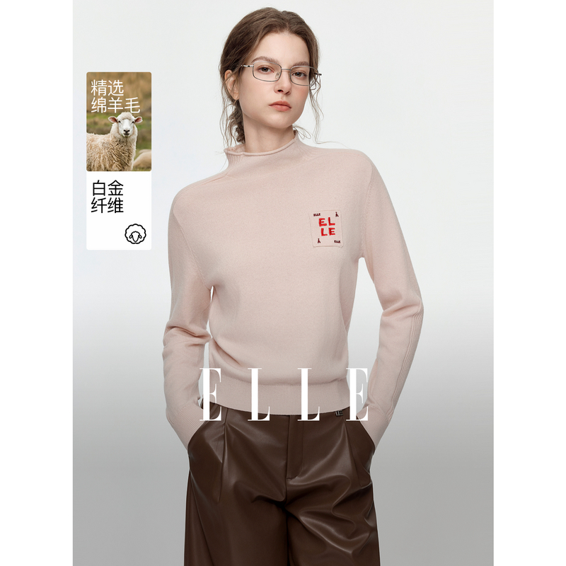13773018.ELLE绵羊毛半高领女式毛衣都市休闲风绣花显瘦针织衫