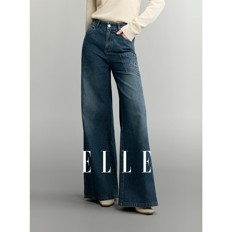 13773030.ELLE纯棉水洗工装贴袋牛仔裤摩登休闲风高腰阔腿长裤