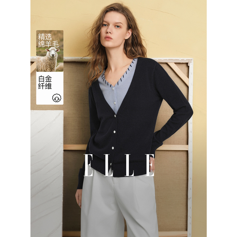 13773042.ELLE绵羊毛假两件拼接毛衣女都市休闲风撞色针织衫