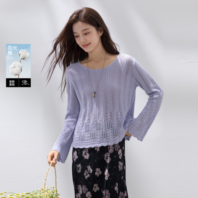 13457881.三彩若潮大码女装2026秋季新款镂空民族风针织衫罩衫宽松淡紫胖MM