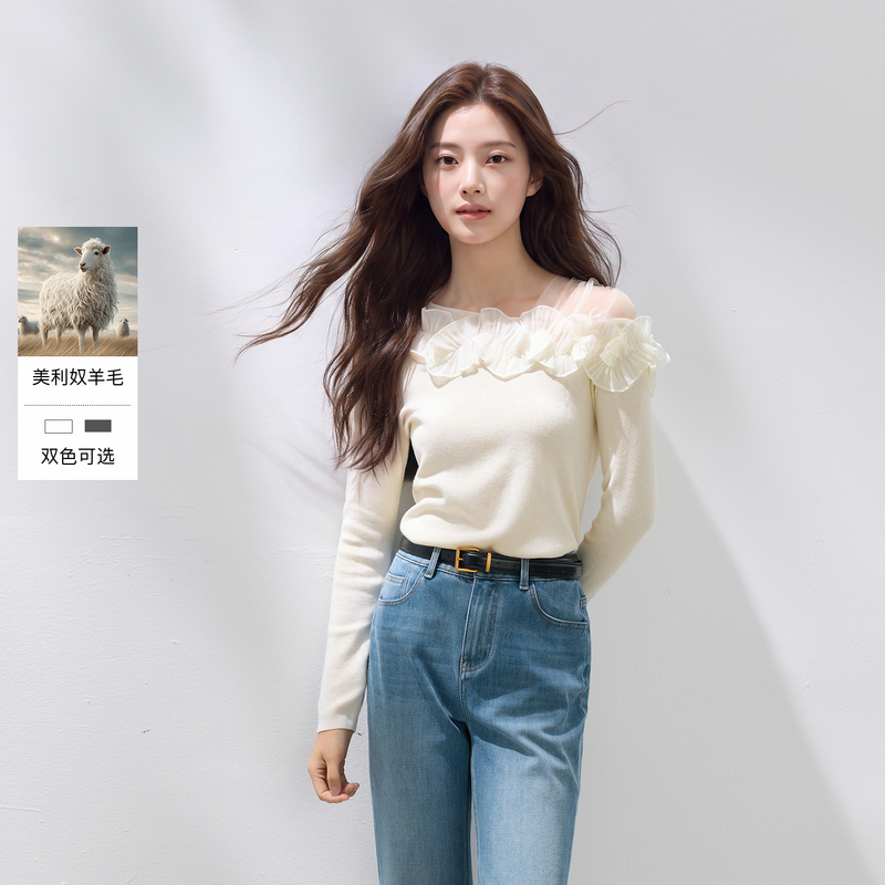 13455355.三彩若潮大码女装2026春季新款立体花边毛针织衫修身斜肩网纱胖MM