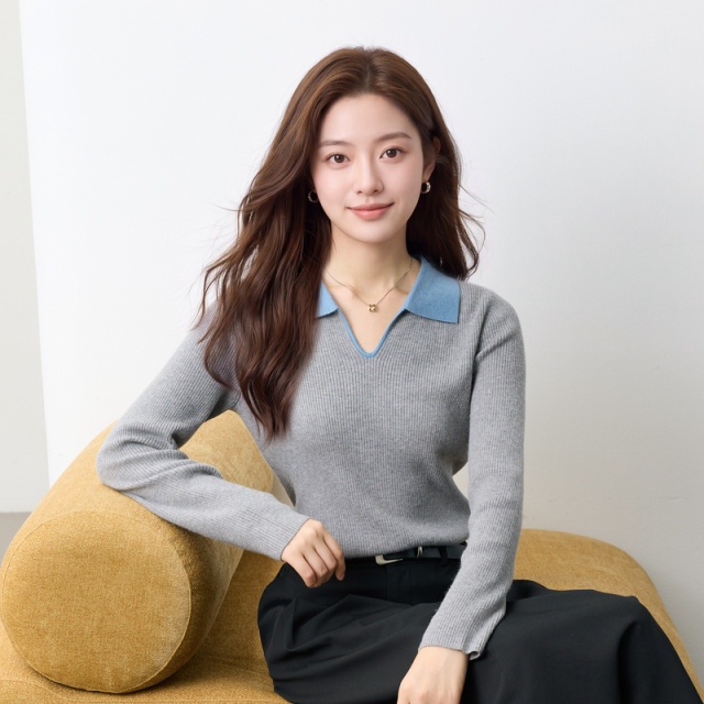 13457422.三彩若潮大码女装2026春季新款Polo领针织衫修身显瘦花灰撞色胖MM