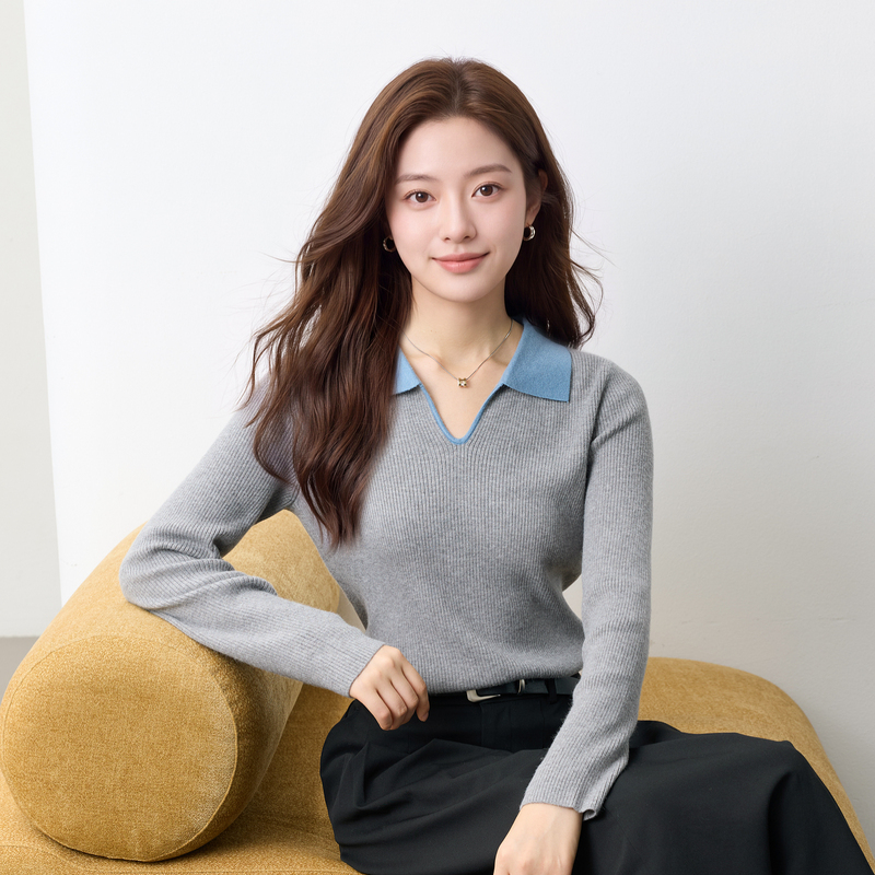 13457422.三彩若潮大码女装2026春季新款Polo领针织衫修身显瘦花灰撞色胖MM