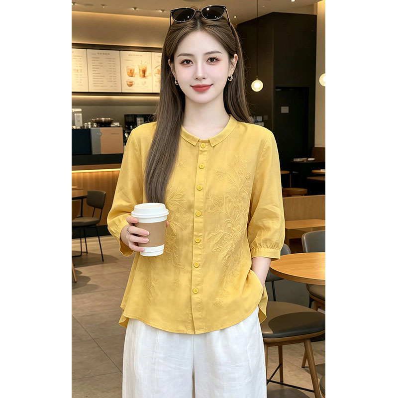 13777742.丹芙娅复古文艺刺绣衬衫女2026夏季薄款透气五分袖衬衣宽松显瘦上衣