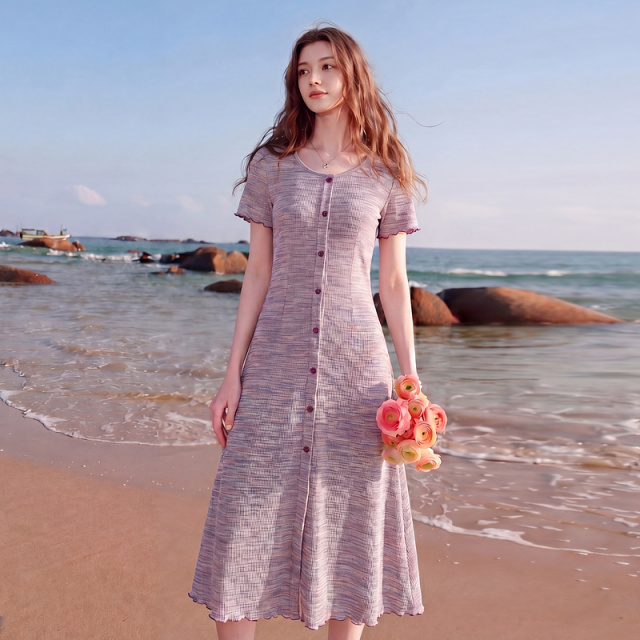 13777775.三彩若潮大码女装2025夏秋新款针织连衣裙波浪边胖MM
