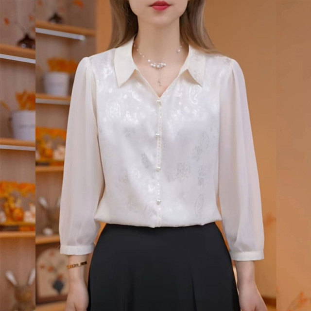 13777756.丹芙娅高级感提花钉珠七分袖衬衫女2026夏季新款轻奢珍珠纱小众洋气上衣