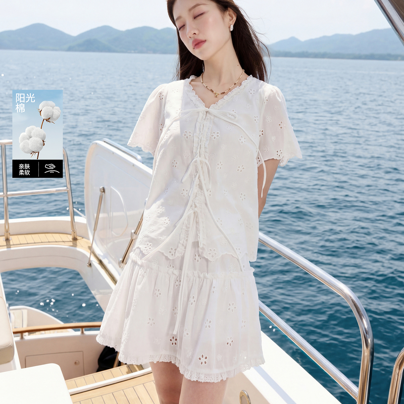 13777778.三彩若潮大码女装2026夏季新款套装微小衫短裙两件套胖MM