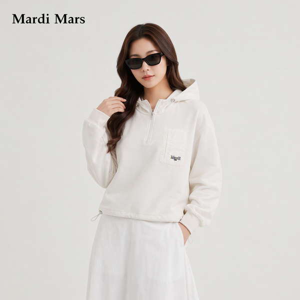 13778989.Mardi.Mars潮牌女士美式复古连帽半拉链卫衣背部雏菊做旧印花上衣