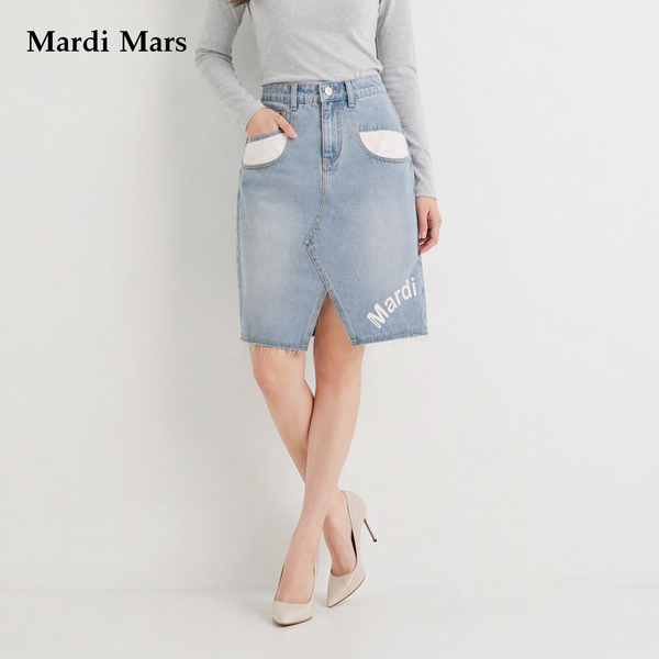 13778987.Mardi.Mars潮牌女士复古水洗牛仔半身裙高腰显瘦不规则开叉A字裙