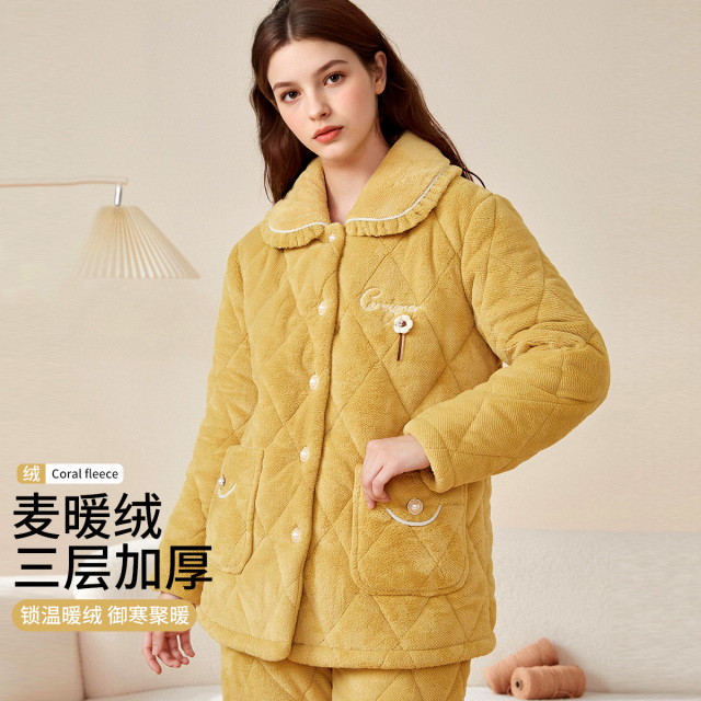13777848.【三层加厚加棉】家居服套装女士秋冬翻领可外穿长袖