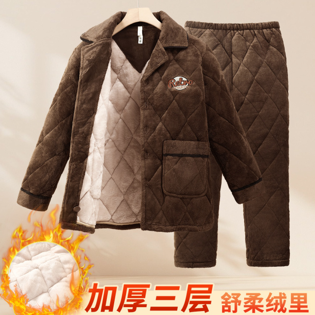13777835.捡漏【麦暖绒三层夹棉】男士家居服套装翻领开衫秋冬御寒保暖外穿