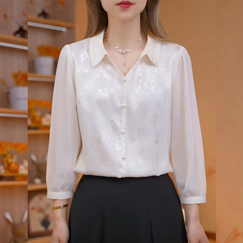 13777756.丹芙娅高级感提花钉珠七分袖衬衫女2026夏季新款轻奢珍珠纱小众洋气上衣