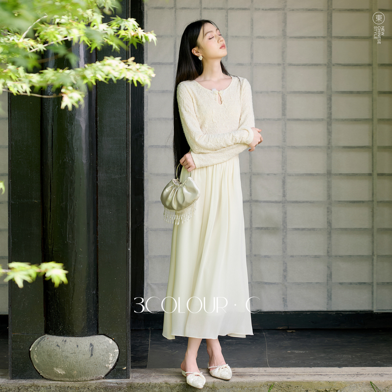 13776340.【月白风清】三彩2026秋季新款新中式连衣裙羽毛纱蕾丝长裙C