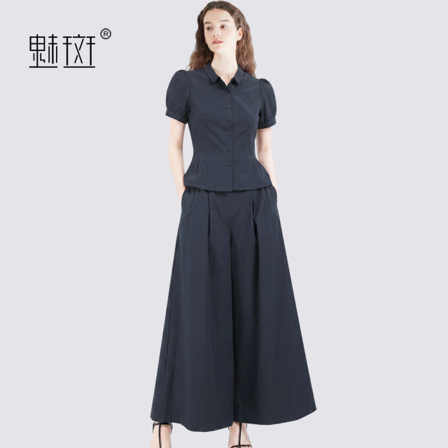 13776700.魅斑翻领泡泡袖衬衫阔腿裤两件套套装
