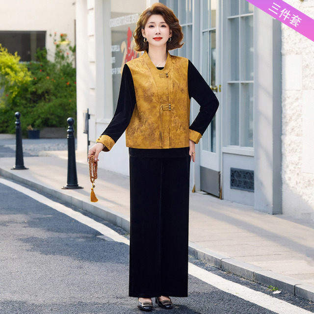 13782608.妈妈装高级感中式马甲+丝绒内搭+裤子三件套装J8HKM728