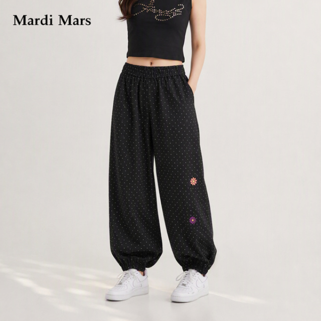 13782776.Mardi.Mars潮牌女士韩系波点高腰阔腿裤松紧腰显瘦垂感百搭休闲裤