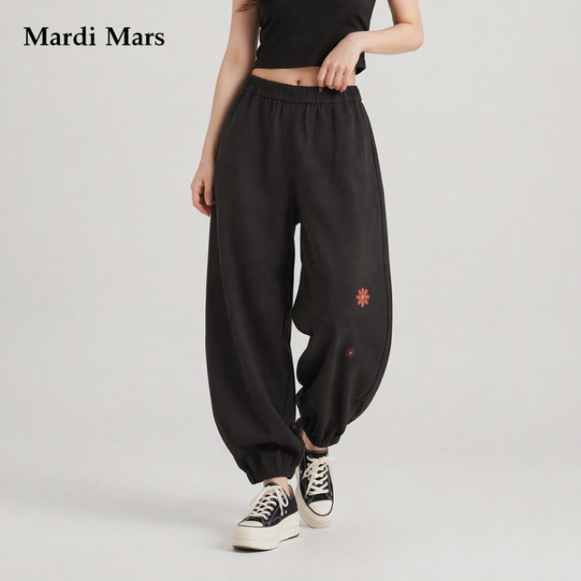 13782771.Mardi.Mars潮牌女士小雏菊贴布绣松紧腰束脚休闲裤垂感百搭九分裤