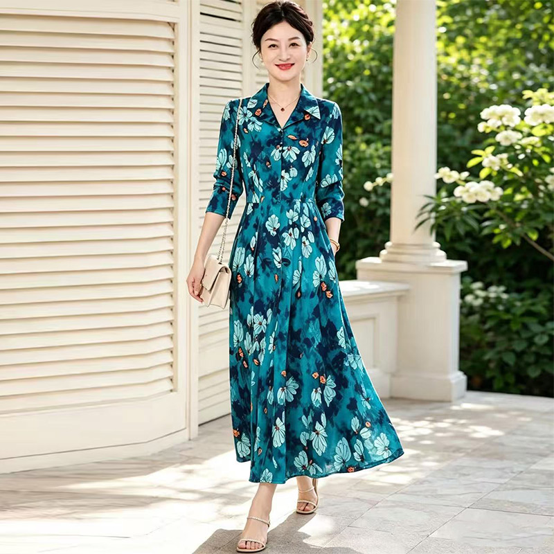 13782616.妈妈装翻领长袖高级感印花显瘦连衣裙J8HX169