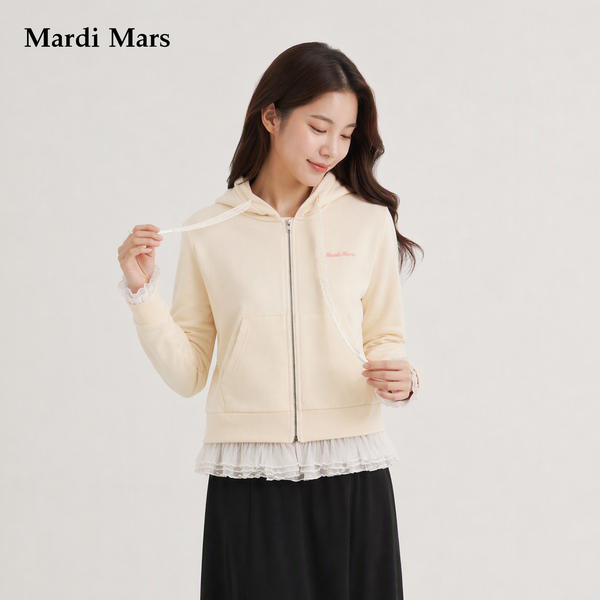 13782761.Mardi.Mars女奶呼呼连帽拉链卫衣网纱拼接假两件甜美卡通印花外套