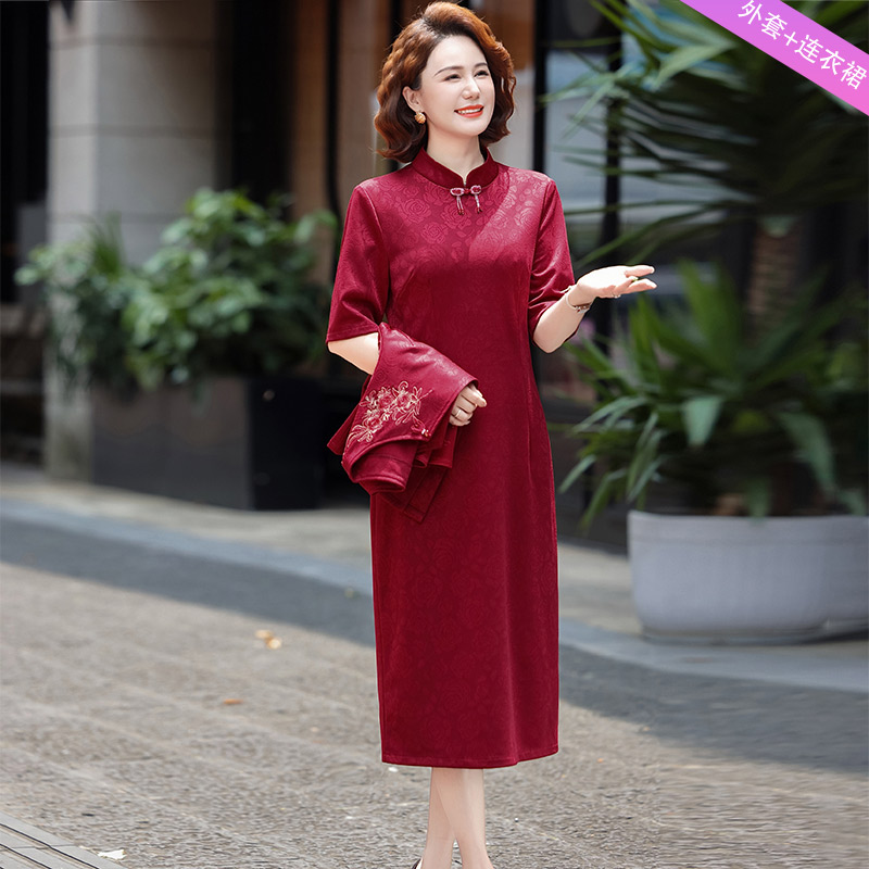 13782556.妈妈装中式国风刺绣外套+连衣裙喜庆婚宴礼服套装J8HRK8969