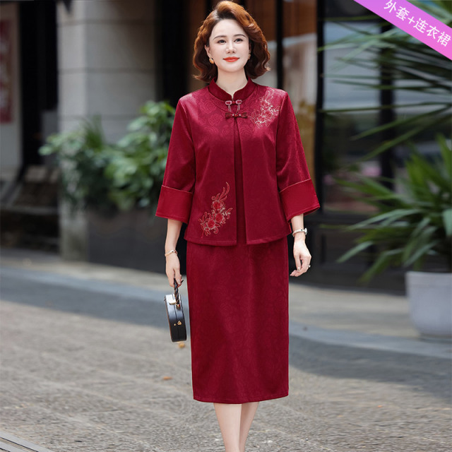 13782556.妈妈装中式国风刺绣外套+连衣裙喜庆婚宴礼服套装J8HRK8969
