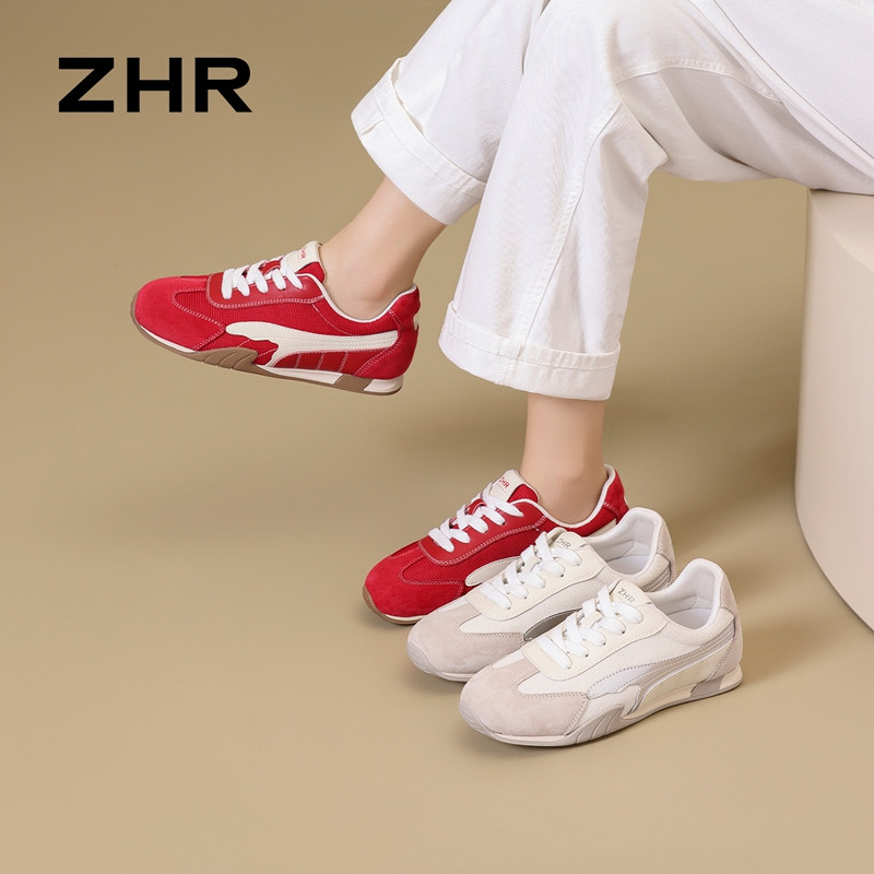 13785032.【ZHR则则】阿甘鞋圆头系带平底女鞋[超纤+网布+头层猪皮]