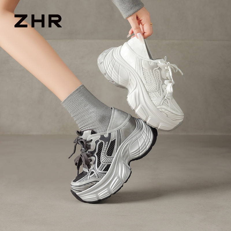 13785057.【ZHR则则】内增高老爹鞋圆头系带厚底女鞋[超纤+网布]