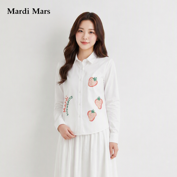 13785188.Mardi.Mars潮牌女士甜美草莓印花纯棉衬衫春秋娃娃领减龄长袖上衣
