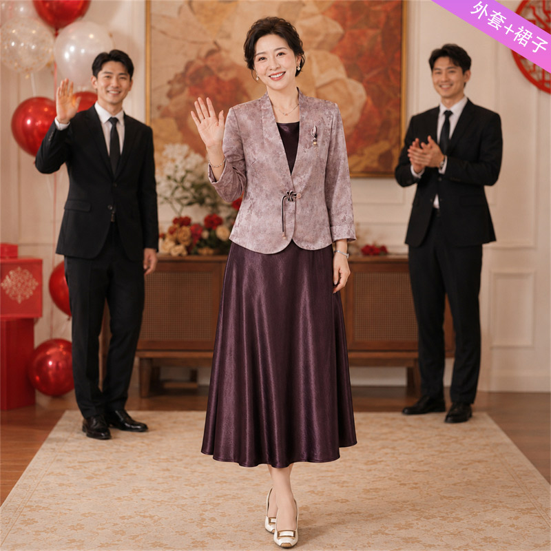 13785463.妈妈装高级感中式国风外套+裙子时尚礼服套装B8HYM8615