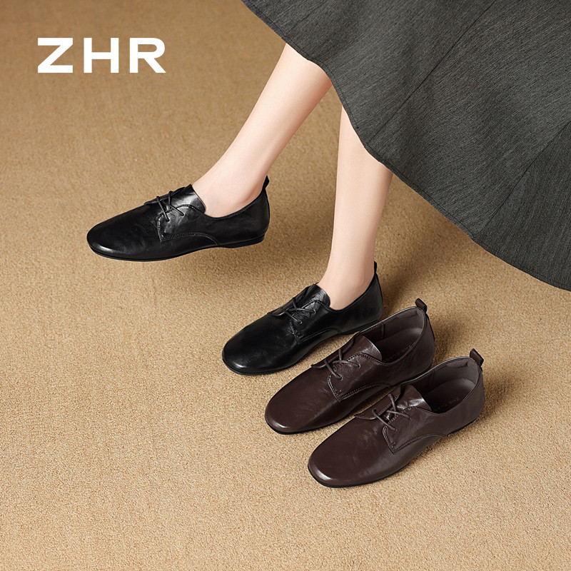 13835973.【ZHR则则】深口单鞋圆头系带平底女鞋[羊剖层移膜革]