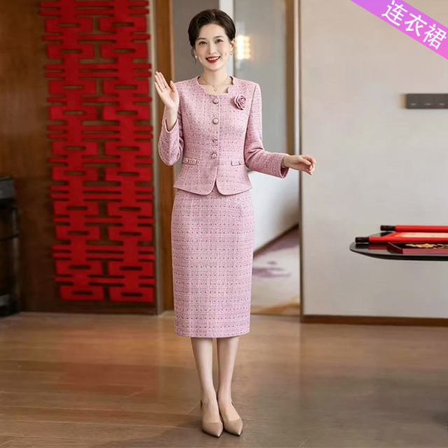 13785461.妈妈装中式假两件圆领小香风礼服连衣裙B8HRL9377