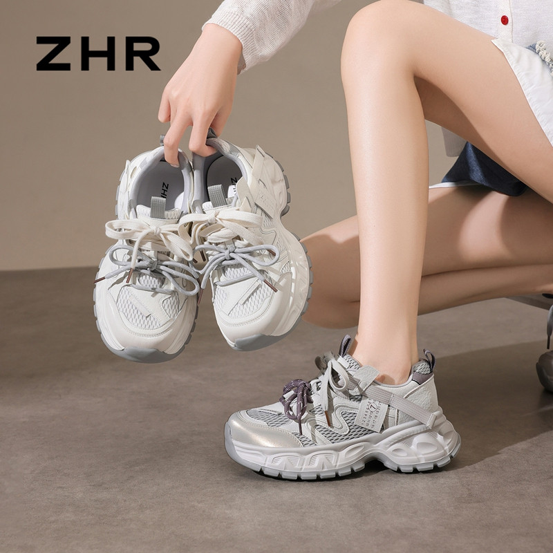 13785035.【ZHR则则】老爹鞋圆头系带厚底女鞋[PU+网布]