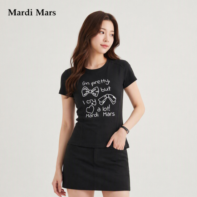 13785523.Mardi.Mars潮牌女士韩系甜酷风趣味文字印花短袖圆领宽松休闲T恤