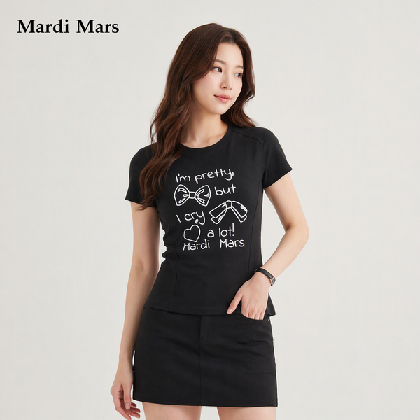 13785523.Mardi.Mars潮牌女士韩系甜酷风趣味文字印花短袖圆领宽松休闲T恤