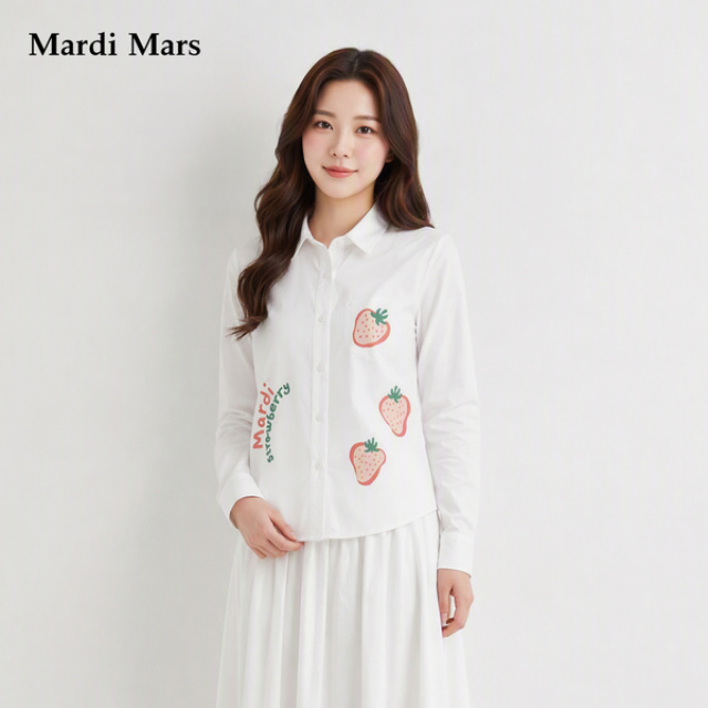 13785188.Mardi.Mars潮牌女士甜美草莓印花纯棉衬衫春秋娃娃领减龄长袖上衣