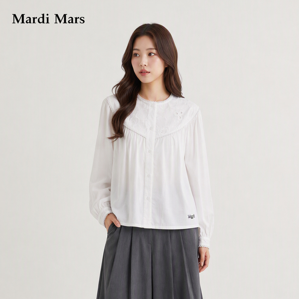 13785191.Mardi.Mars潮牌女士纯棉法式蕾丝圆领白衬衫简约优雅长袖上衣