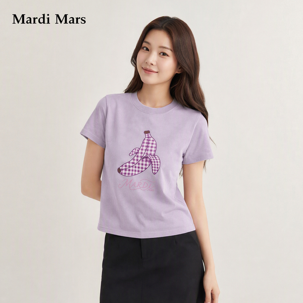 13785530.Mardi.Mars潮牌女士格纹香蕉印花纯棉短袖T恤夏季宽松百搭上衣