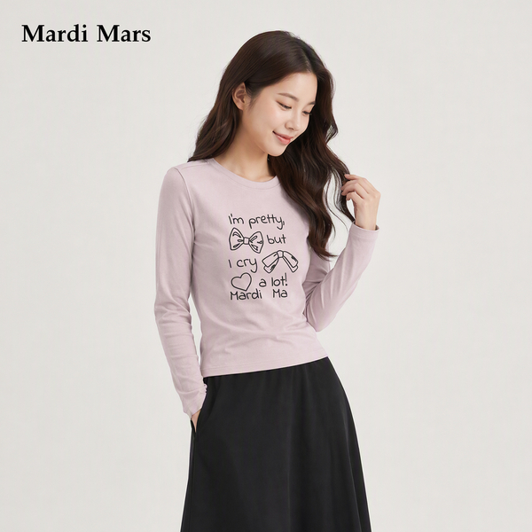 13785190.Mardi.Mars女士莱赛尔长袖T恤亲肤透气蝴蝶结字母印花针织打底衫