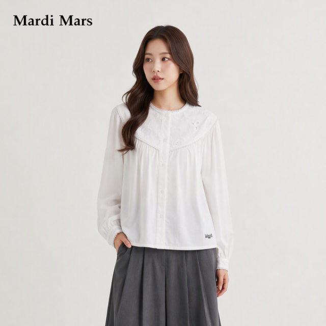 13785191.Mardi.Mars潮牌女士纯棉法式蕾丝圆领白衬衫简约优雅长袖上衣
