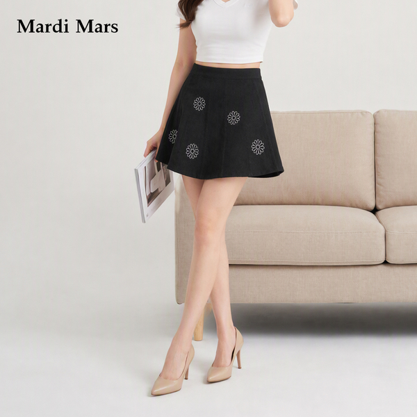 13785187.Mardi.Mars潮牌女士文艺风黑色灯芯绒半身裙雏菊图案高腰百搭半裙